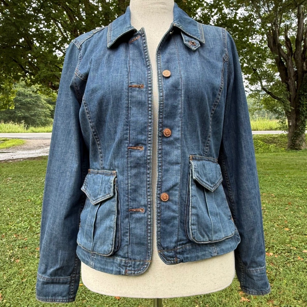Eddie Bauer Womens Small Denim Utility Jacket Cotton Cargo Pocket Button Front